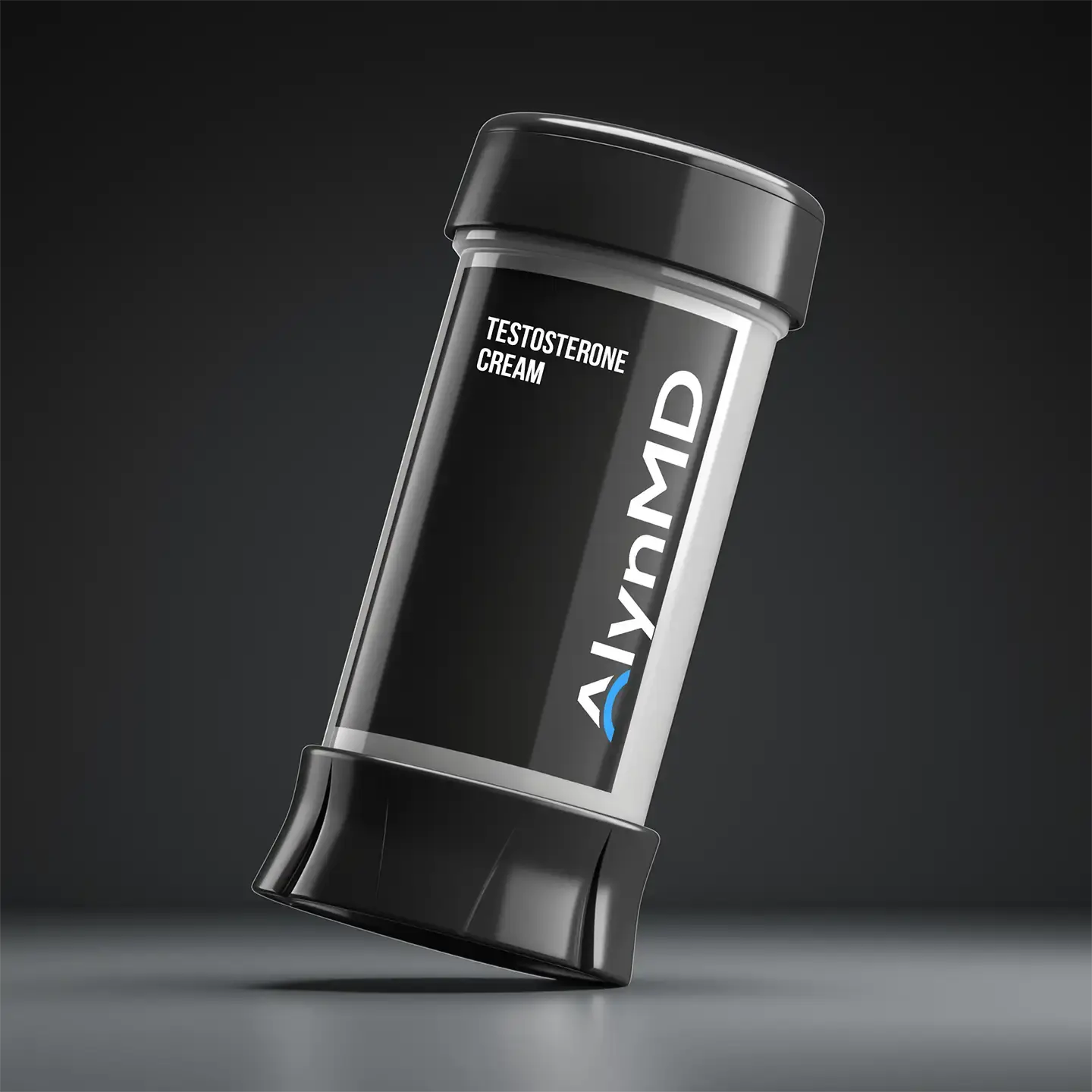 Testosterone cream bottle at a slight angel.