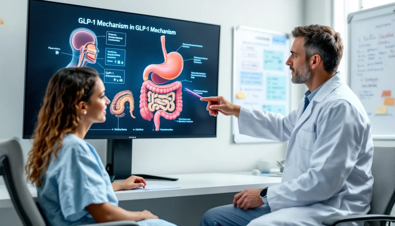 The Complete 2025 Consumer Guide to GLP-1 Medications for Weight Loss A medical professional is explaining the GLP-1 mechanism to a patient, using an anatomical diagram to illustrate how the medication can help control blood sugar levels and support weight management. The discussion may include potential side effects such as nausea, stomach pain, and the importance of informing healthcare providers about any severe allergic reactions or kidney problems.