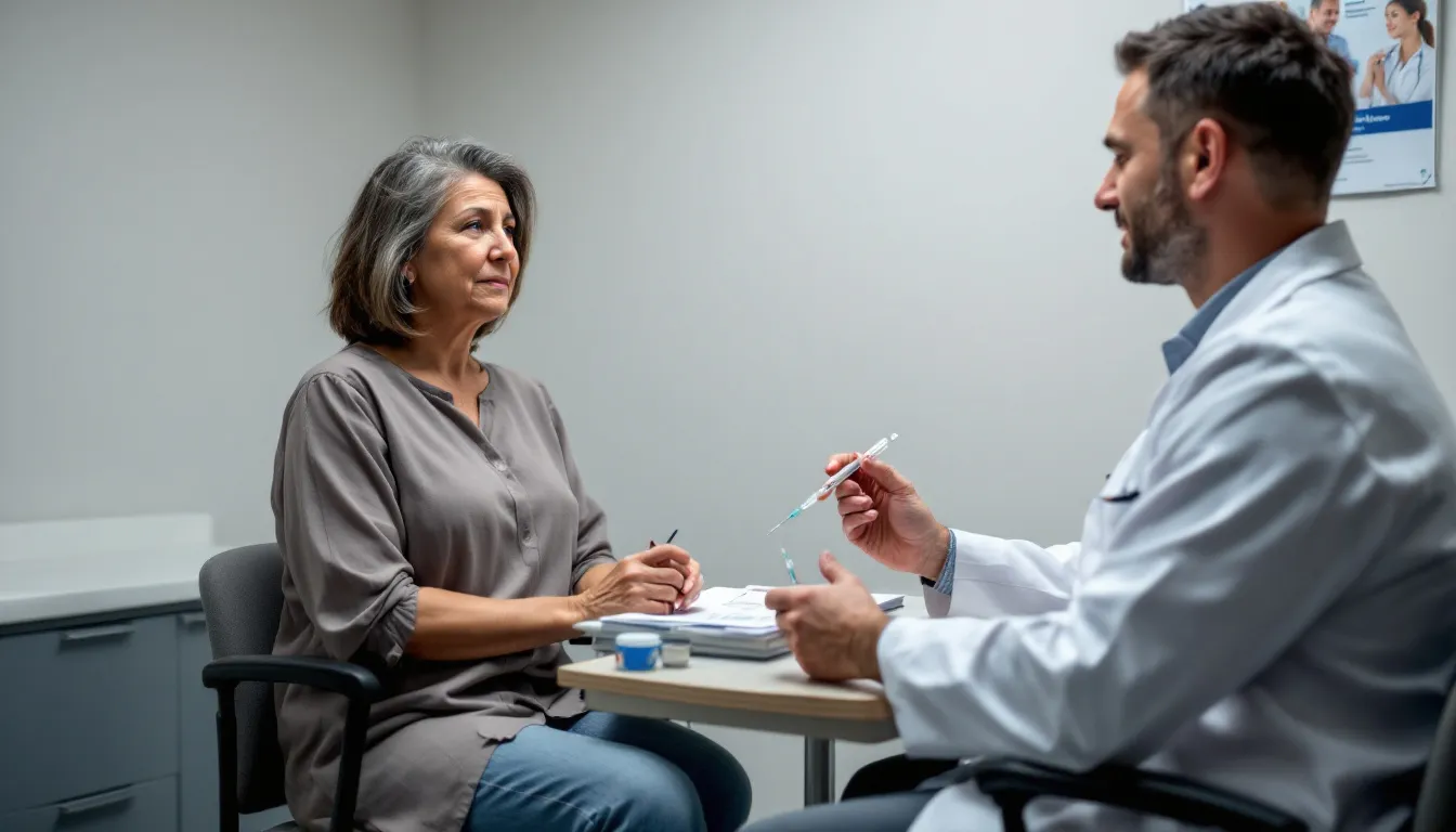 The Complete 2025 Consumer Guide to GLP-1 Medications for Weight Loss A patient is seated across from a healthcare provider, discussing the proper injection technique and how to manage potential side effects, such as low blood sugar and severe stomach pain. The provider is explaining the importance of monitoring symptoms and tells the patient to seek medical attention if they experience serious allergic reactions or other complications related to their medication.