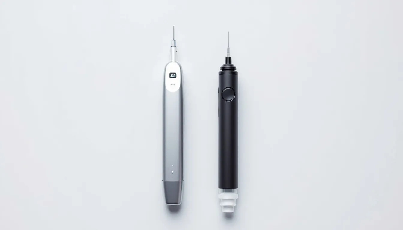 The image shows a side-by-side comparison of two medical injection pens, each designed differently for administering weight loss medications, specifically Ozempic and Wegovy, which are both used for chronic weight management and blood sugar control. The pens highlight their unique designs while representing the same active ingredient aimed at helping individuals lose weight effectively.