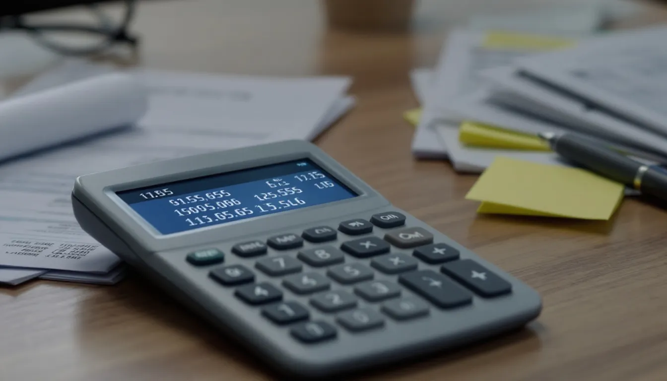 The image shows a calculator surrounded by medical bills and insurance forms, highlighting the financial aspects of healthcare costs related to weight management and medications like Ozempic and Wegovy. The scene emphasizes the complexities of calculating expenses for weight loss drugs and managing weight-related health conditions.