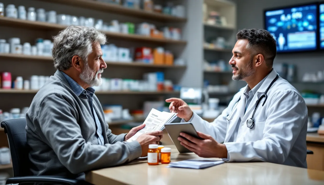 The Complete 2025 Consumer Guide to GLP-1 Medications for Weight Loss A patient is seated at a pharmacy counter, discussing various medication options with a pharmacist who is providing guidance on managing blood sugar levels. The conversation includes potential side effects, such as low blood sugar and allergic reactions, as well as the importance of lifestyle changes and regular dosing schedules for effective diabetes management.
