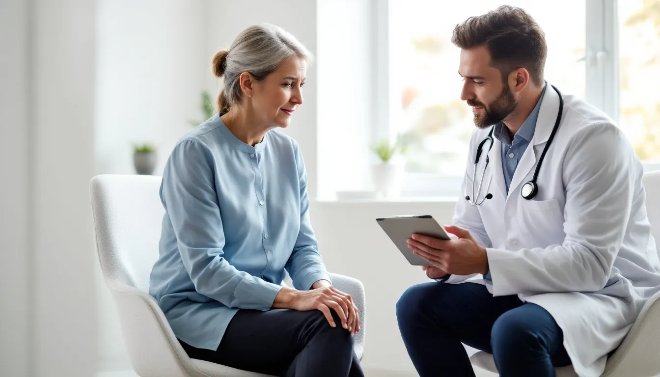 A patient is sitting across from a healthcare provider, discussing various treatment options for low testosterone levels, including testosterone replacement therapy and hormone optimization strategies. The healthcare provider is reviewing the patient's medical history and lab results to create a personalized treatment plan that addresses issues like decreased libido and overall well-being.