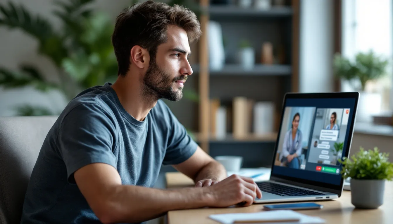 A male patient is engaged in a video consultation with a doctor on his laptop, discussing his low testosterone levels and potential treatment options, including testosterone replacement therapy (TRT). The scene emphasizes the accessibility of healthcare through online clinics, allowing for a personalized treatment plan tailored to his health goals.