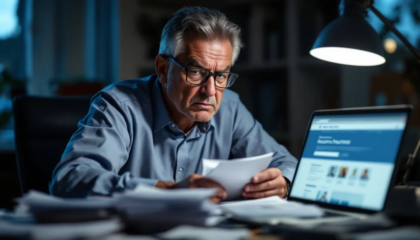 The image depicts a worried man contemplating his insurance coverage related to testosterone replacement therapy (TRT). He appears concerned about how his medical history and treatment plan may impact his access to necessary hormone therapy and related healthcare services.