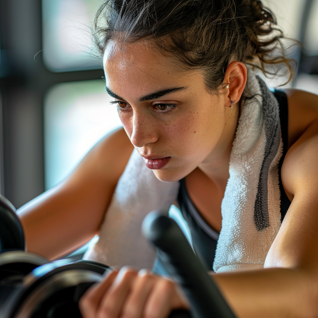 Are Peptides For Weight Loss? |Alyn MD Woman exercising on a stationary bike while wondering about peptides for weight loss
